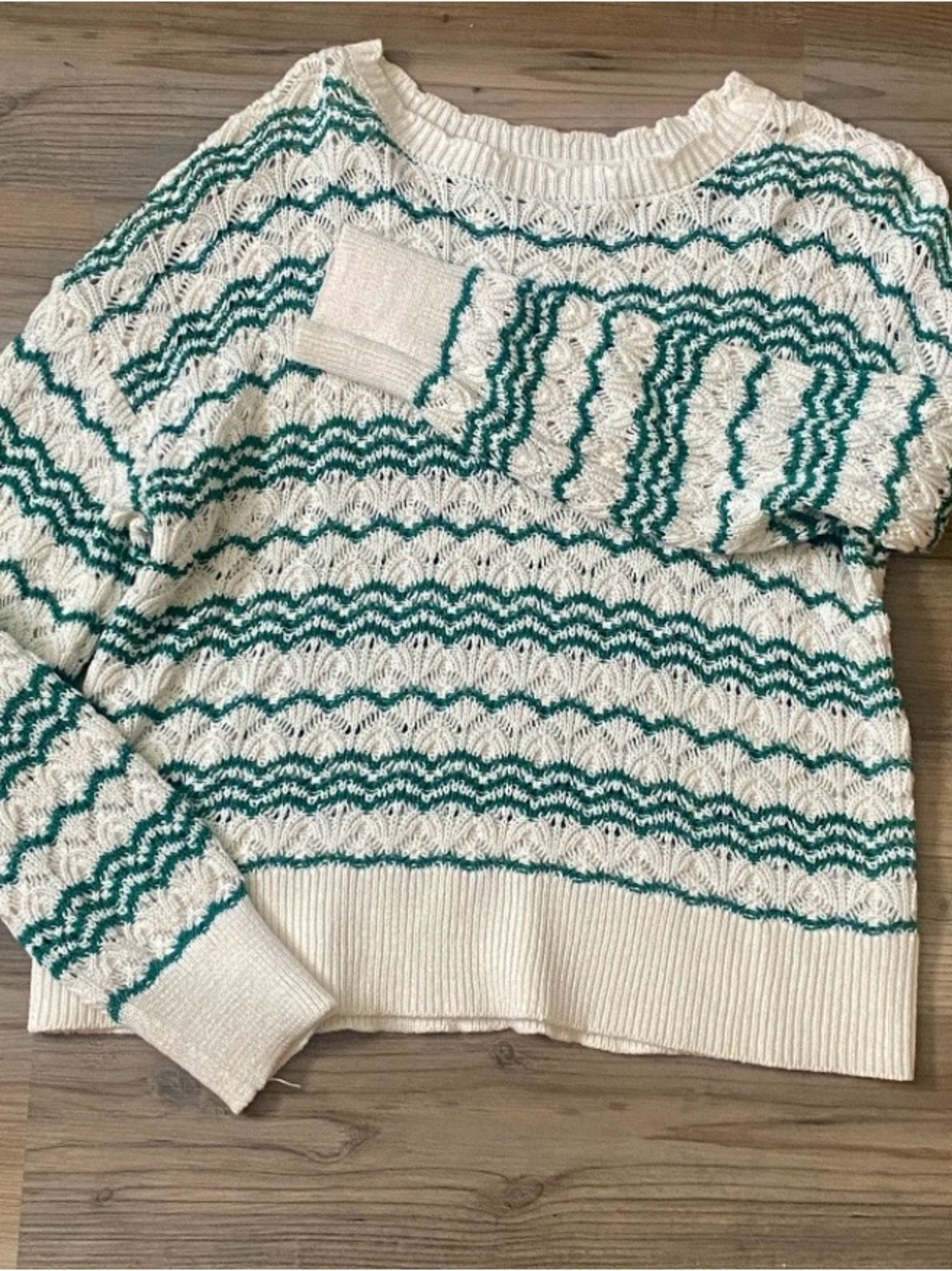 LC Lauren Conrad Cream Sweater with Teal Wave Stripes